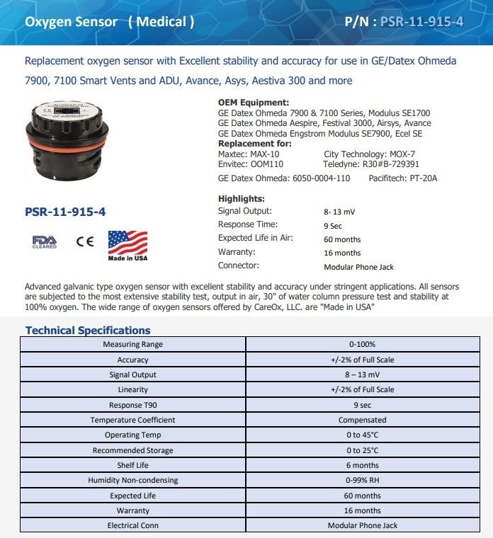 Sensor Oksigen Medis Non-Toksik Plastik Portable PSR-11-915-4 Untuk 7900 7100 ADU